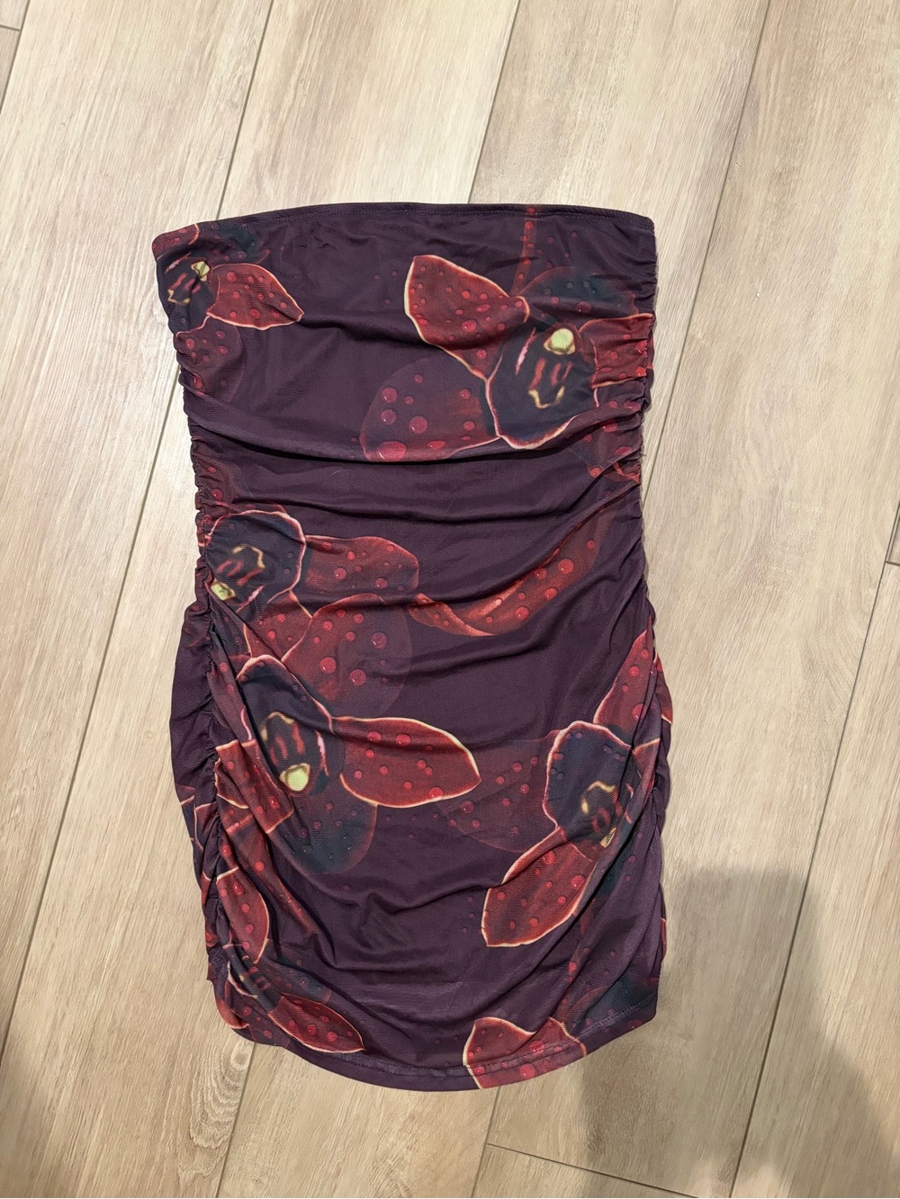 NWT Strapless Ruched Floral Bodycon Dress - Burgundy Red
